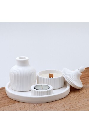 Beyaz Vazo Oval Tepsi - Kutuda Mum Ve Tealight Mumluk Dekorasyon Seti - Fire Candle