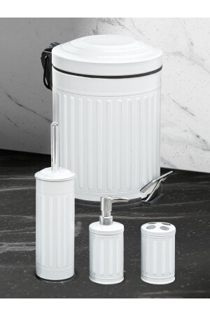 Beyaz Vintage 4 Lü Çizgili Çöp Kovası Banyo Seti 1440V - 3