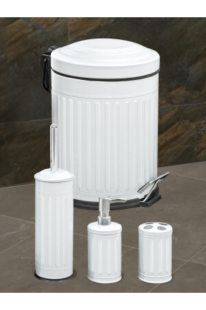 Beyaz Vintage 4 Lü Çizgili Çöp Kovası Banyo Seti 1440V - 7
