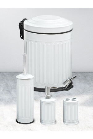 Beyaz Vintage 4 Lü Çizgili Çöp Kovası Banyo Seti 1440V - 8
