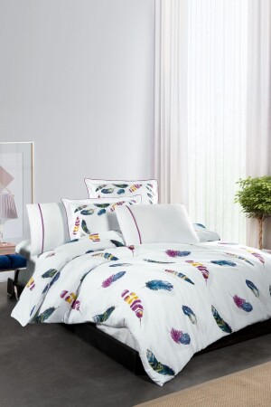 Birdy %100 Pamuk Saten Nevresim Takımı Lastikli Çarşaf King Size (XL - BATTAL BOY) Beyaz (DESENLİ) - 1