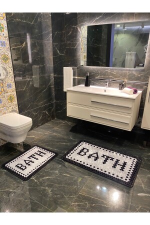 Black Bath Yazılı Desenli 2'li Kaymaz Taban Su Geçirmez Banyo Paspas Takımı (60x100 - 60x50) Gri ORVIL - 4