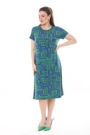 Blau-grünes Labyrinth-Muster-Midikleid für Damen - 1