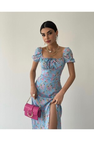 Blau-rosa geblümtes Midi-Schlitzkleid - 2