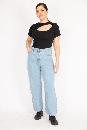 Blaue Damen-Jeans mit hoher Taille, vorn geknöpft, große Größe, verwaschener Effekt, 65n36219 - 1