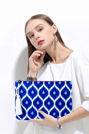 Blaue Ikat-Damen-Clutch mit weißen Quasten C0119451 - FARBAG