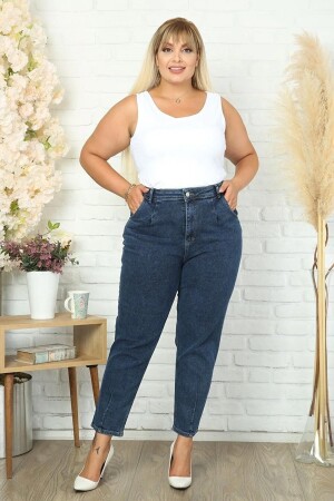 Blaue Lycra-Mom-Jeans mit Falten in Übergröße für Damen C600 - 1