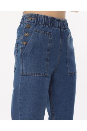 Blaue Mom-Jeans mit elastischem Bund und Knöpfen für Damen - 1