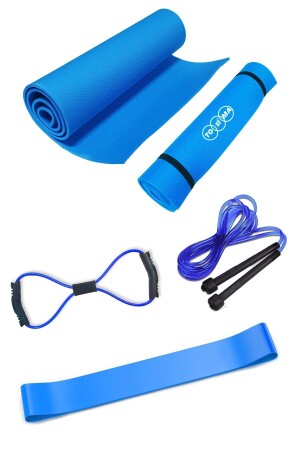 Blaue Pilates-Matte, Widerstandsband, Springseil und achteckiger Übungsreifen, Übungsset, Pilates-Set - 1