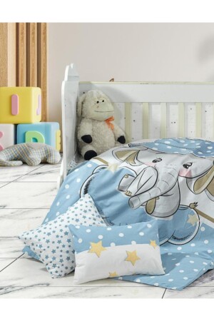 Blauer Elefanten-Baby-Bettbezug-Set aus 100 % Baumwolle mit Babymuster - 4