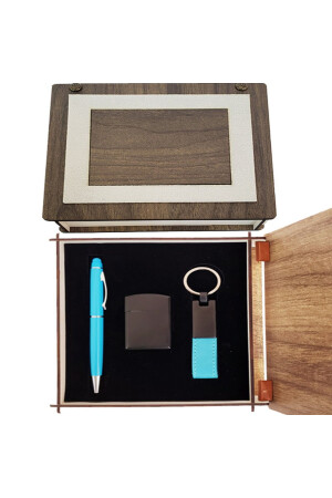 Blauer Stift-Schlüsselanhänger und Feuerzeug-Set mit spezieller Holzbox ALIFT-66660 - 2