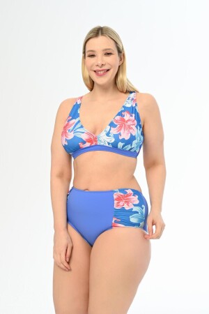 Blaues Blumenmuster für Damen in Übergröße mit hoher Taille und Schmetterlings-Bikini-Set - 1