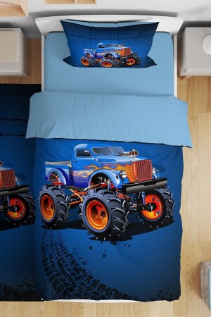 Blaues Monster Truck gemustertes Einzelbettbezug-Set für Babys und Kinder - 2