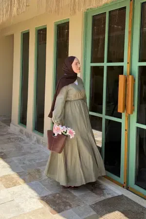 Bloom Bağlamalı Pamuk Vual Elbise Haki - Nuuwears