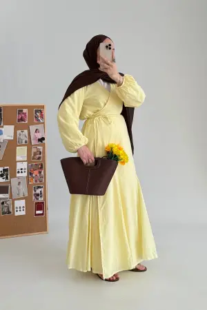 Bloom Bağlamalı Pamuk Vual Elbise Sarı - Nuuwears