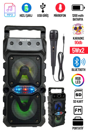 Bluetooth Hoparlör Parti Hoparlörü Karaoke Mikrofon Işıklı Ses Bombası Radyo Usb Sd Girişli resolutkaraoke - 1