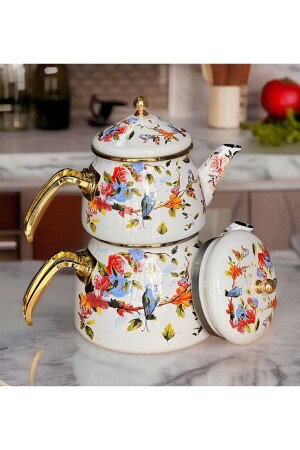 Blumen-Emaille-Teekannen-Set, Blumen-Emaille-Teekanne mit doppeltem Deckel und Goldgriff – ŞHNÇ 14425183 - PORLİSTAN