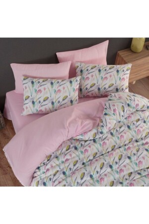 Blumenmuster, rosa Tulpe, Doppelbett-Bettbezug-Set, doppelseitiges Bettlaken, einfarbig, rosa Farbe NTÇİFTPEMBE - 2