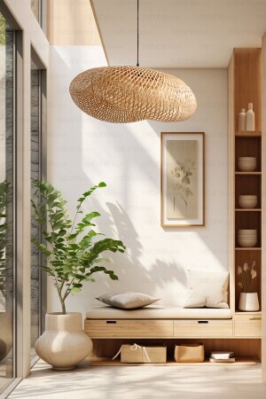 Bohem Bambu Elips Sarkıt Avize Lamba 60cm - Iskandinav- Modern- Bohem- Rattan Aydınlatma - 4