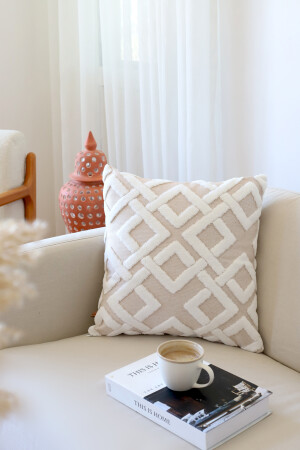 Bohem Özel Tasarım Punch Panç Desen Dekoratif Kırlent Kılıfı Mila Bej - Hamur