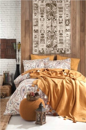 Boho-Chic-Doppelbettbezug-Set mit Decke mit Quasten – Senfgelb. Boho-Chic-Decke mit Quasten, Senfgelb - 2