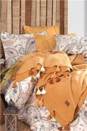 Boho-Chic-Doppelbettbezug-Set mit Decke mit Quasten – Senfgelb. Boho-Chic-Decke mit Quasten, Senfgelb - 6