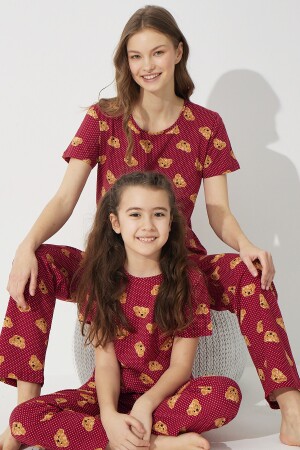 Bordo Ayıcık Desenli Pamuklu Likralı Pijama Takım 7624 - 1