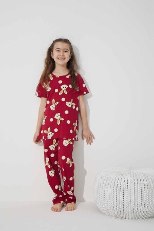 Bordo Tavşan Desenli Pamuklu Örme Pijama Takım 7624 - 2