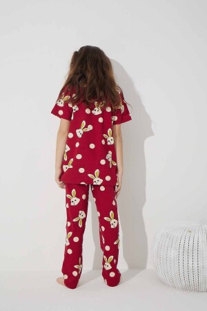 Bordo Tavşan Desenli Pamuklu Örme Pijama Takım 7624 - 3