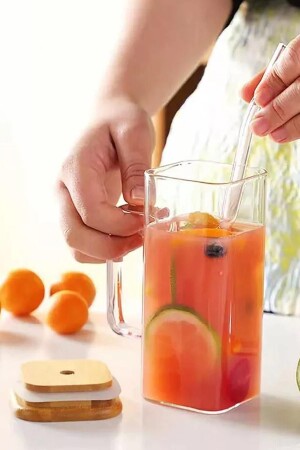 MNZ-Borosilicate Glass Mug Cup مربع الكوب مع القش 350ml كوب الترميزيل lvn23542 - ALBETTO
