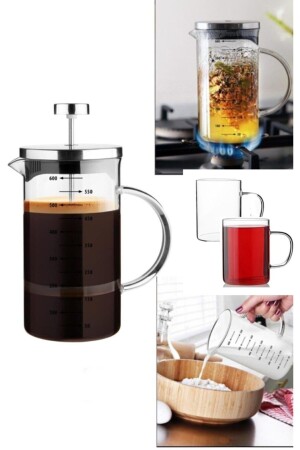 Borosilikat French Press Ölçü Kabı Demlik 600 ml 2 Adet Borasilikat Kupa mprn-2368 - 2