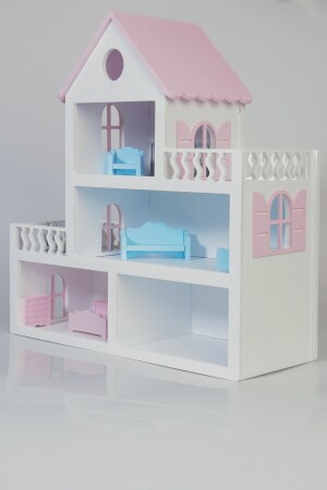 Boyalı Ahşap Barbie Bebek Evi Oyuncak (15 Adet Mobilya Hediyeli) Brd-Barby10 - 2