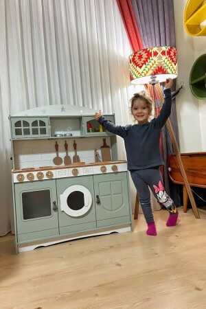 مجموعة خدمة المطبخ من الألعاب الخشبية المصنوعة من طلاء MNZ و 1 هدية إضاءة LED - Hedef Ahşap