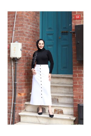 Boydan Düğmeli Gabardin Etek- Beyaz - Vellichor