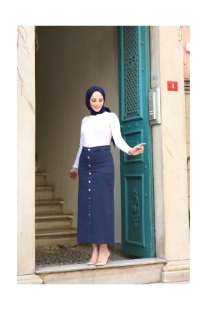 Boydan Düğmeli Gabardin Etek- Lacivert - Vellichor