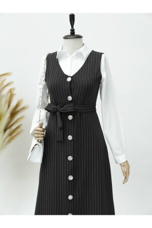 Boydan Düğmeli Kuşaklı Çizgili Jile - Modamorfo