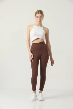 Braune, gerippte, straffende Fleece-Leggings mit hoher Taille - 1