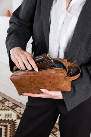 Braune Portfoy-Handtasche für Herren, Pu-Leder, tägliche Reise-Rasiertasche – mit Reißverschluss und Tragegriff - 7