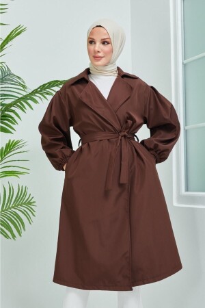 Brauner Trenchcoat mit Ballonärmeln und Gürtel 7006 - 1