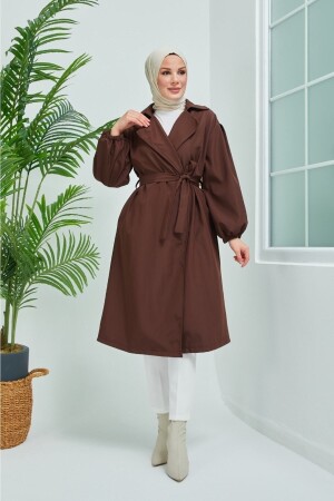 Brauner Trenchcoat mit Ballonärmeln und Gürtel 7006 - 4