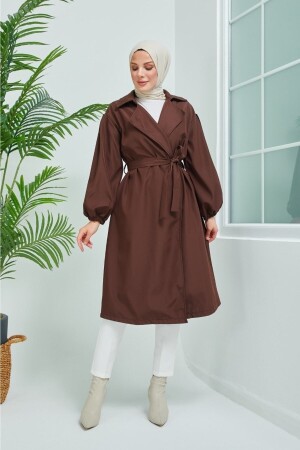 Brauner Trenchcoat mit Ballonärmeln und Gürtel 7006 - 7