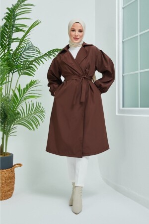 Brauner Trenchcoat mit Ballonärmeln und Gürtel 7006 - 8