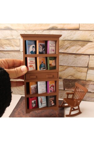 Braunes Miniatur-Bücherregal, kleines Bücher-Dekorationsobjekt mit Schubladen, 3 Tonnen - 3