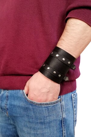 Breites Biker-Armband aus echtem natürlichem Kalbsleder in Schwarz, CDM-000167 - 2