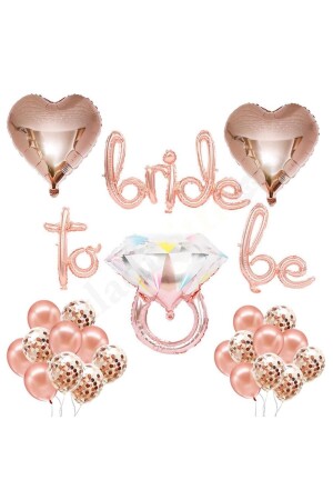 Bride To Be El Yazısı- Tek Taş Yüzük Ve Kalp Folyo Balonlu Rose Gold Set - 2