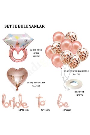 Bride To Be El Yazısı- Tek Taş Yüzük Ve Kalp Folyo Balonlu Rose Gold Set - 3