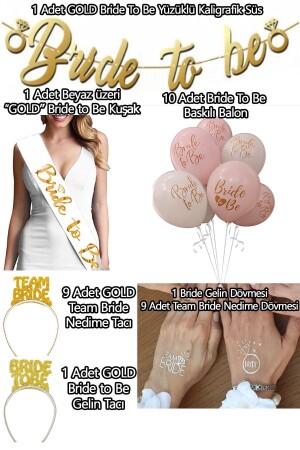 Bride To Be Party-Set (1 Gürtel – 10 Luftballons – 10 Tattoos – 10 Kronen) Team Bride Bachelorette Concept Gold - 1