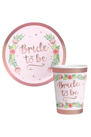 Bride To Be Rosegold Çiçekli Karton Tabak - Bardak Seti 8’li - 1