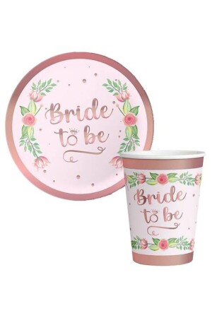 Bride To Be Rosegold Çiçekli Karton Tabak + Bardak Seti 8’li - 1