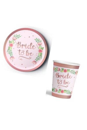 Bride To Be Rosegold Çiçekli Karton Tabak + Bardak Seti 8’li - 2